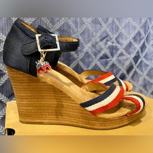 TOMS patriotic wedges called STRAPPY ELECTION CHARMS in size 8.5.  Gently worn.